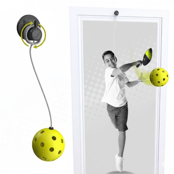 pickleball trainer, ball on string trainer, swing trainer, door mount sports trainer, pickleball practice equipment, rebound ball trainer, solo sports trainer, product launch, brand awareness, minimalist, lifestyle, energetic, playful, yellow, neutral, green